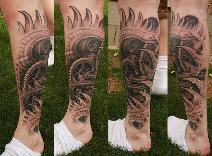 tattoo bein, mann mit großer tätowierung mit biomechanichen motiven