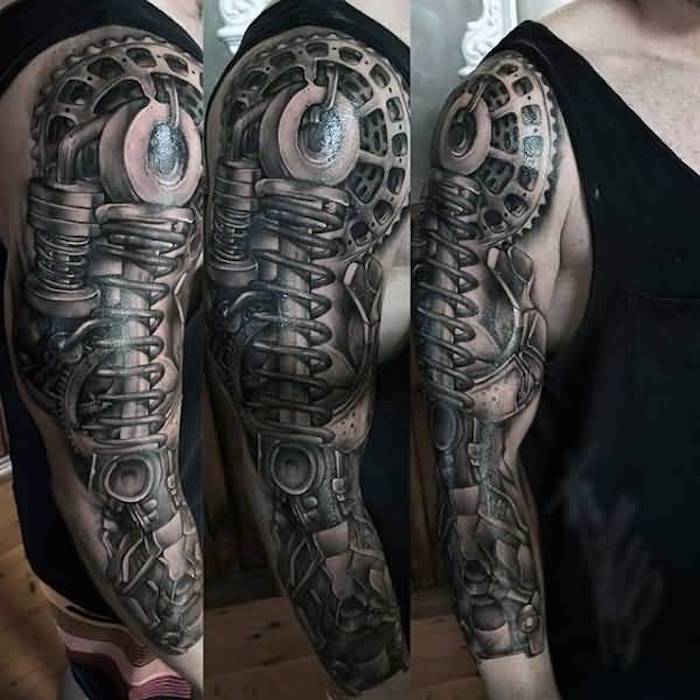 arm tattoo mann, realistische tätowierung in schwarz und grau, sleeve tattoo, biomechanik tattoo arm 