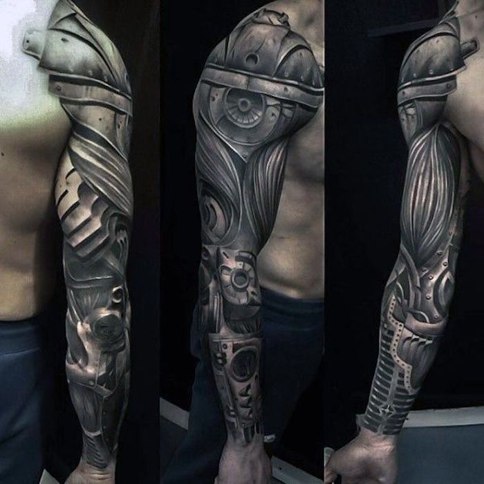 arm tattoo mann, schwarz-graues sleeve tattoo mit maschinen-motiv