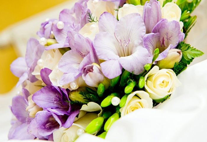 Blumenstrauss aus weißen Rosen und lila Freesien, Blumenarten von A bis Z, schöne Geschenkideen