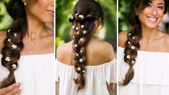 eine Frisur mit Blumen in dem Haar Blüten von Kamille - Oktoberfest Frisuren