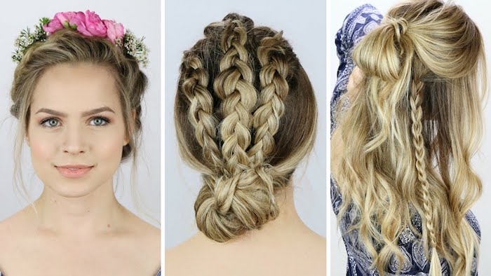 blonde Haare mit Zopf Frisuren und Blumen als Kranz - Oktoberfest Frisuren