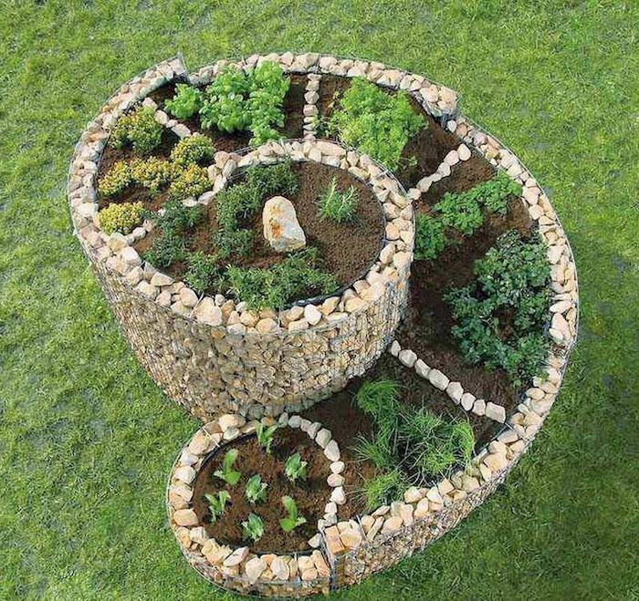 hier finden sie eine unserer ideen zum thema kräuterschnecke bauen - hier ist eine sehr schöne kräuterspirale mit kleinen grünen kräutern und verschiedenen pflanzen und kleinen weißen steinen