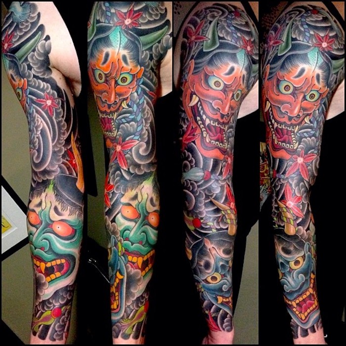 farbige japanische tattoos, samurai tattoo an dem ganzen arm