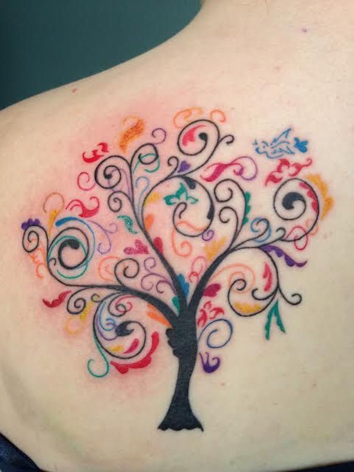 ein buntes Tattoo auf weiße Haut am Schulter - Baum des Lebens Tattoo