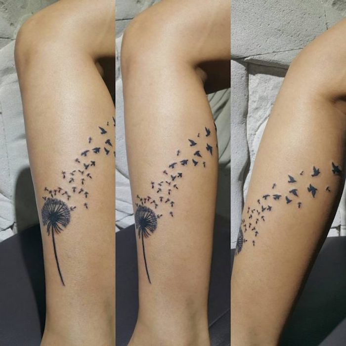 kleine tattoo motive, frau mit blumen tattoo am bein