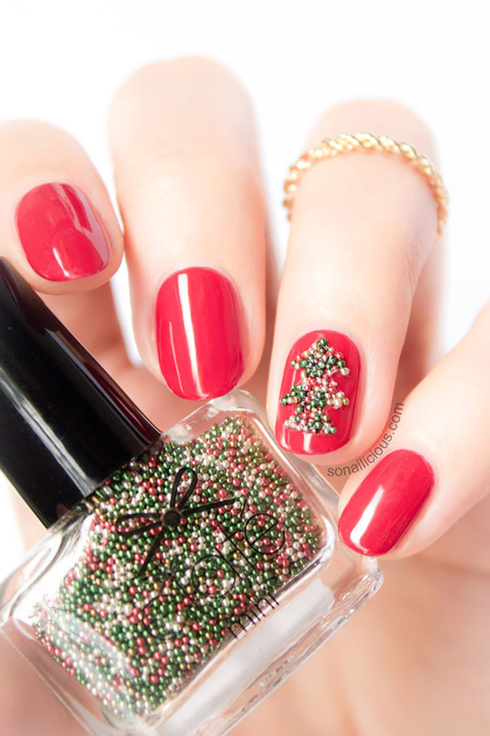 nageldesign weihnachten rote maniküre designen perlen ideen zum gestalten nagel