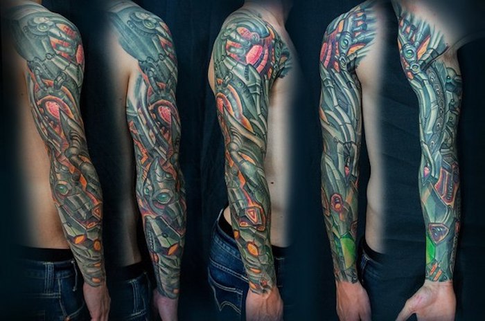 arm tattoo mann, farbiges sleeve tattoo, roboter tattoo