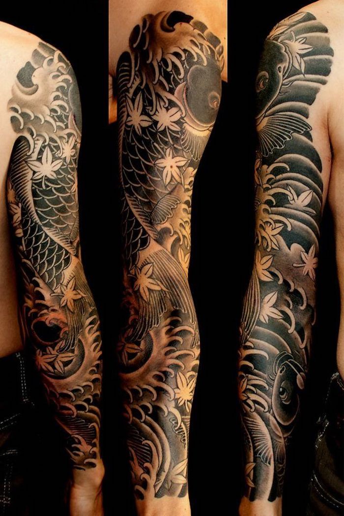 old school tattoo in schwarz und grau an den ganzen arm, sleeve tattoo
