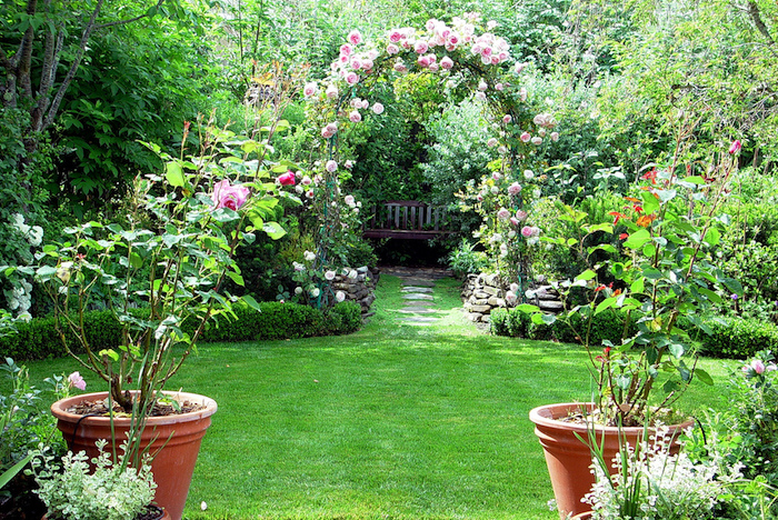 gartengestaltung kleine gärten, gartendekoration mit rosen, gartenpflanzen