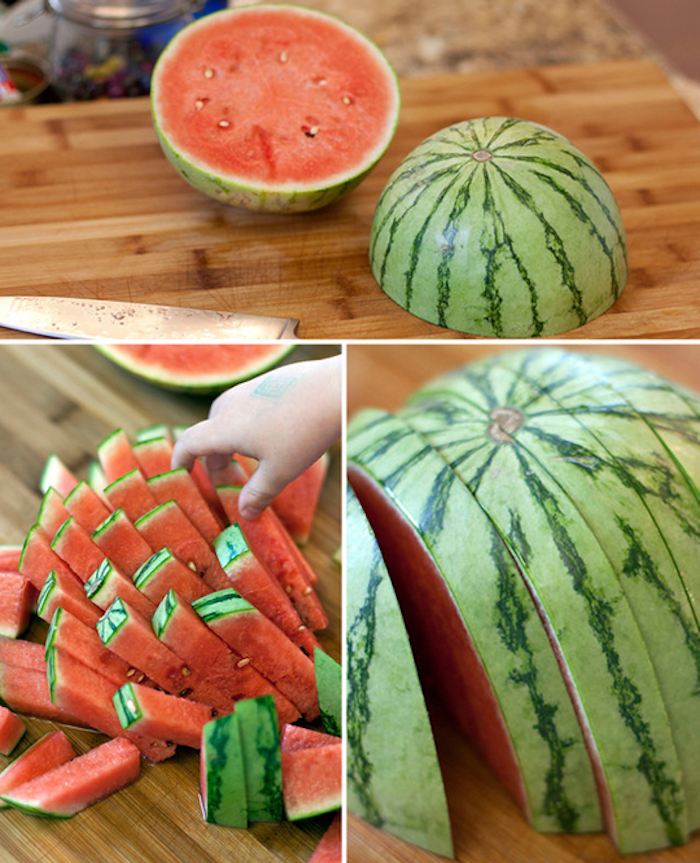 Wassermelone schneiden, zwei Hälfte, kleine Stücke, Holztisch