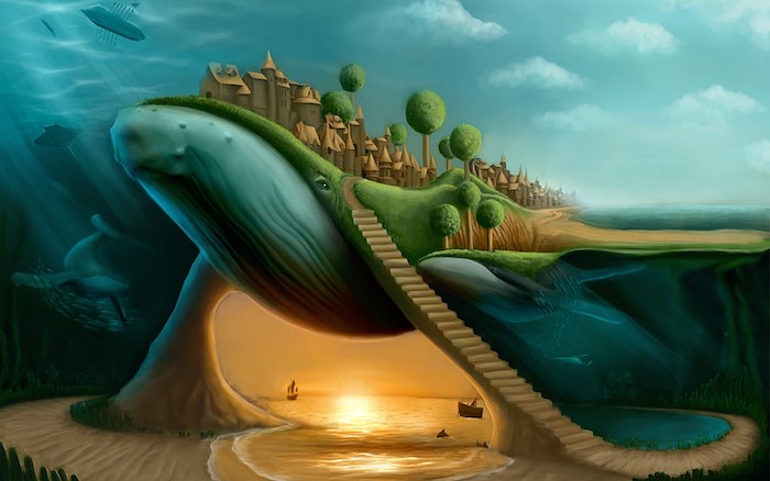 surrealistische Zeichnung, riesiges Meereswesen, Gebäude mit gespitzten Dächern