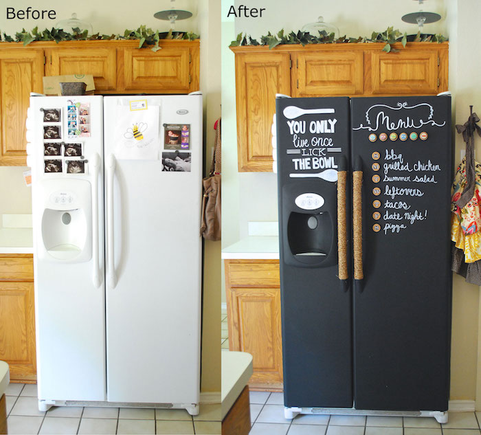 ein Kühlschrank bevor und nach man ihm mit Tafelfolie bearbeitet hat