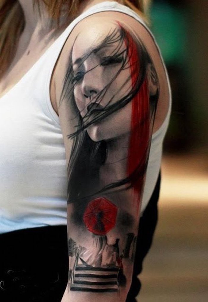 japanische tattoos für frauen, großes geisha tattoo am oberarm