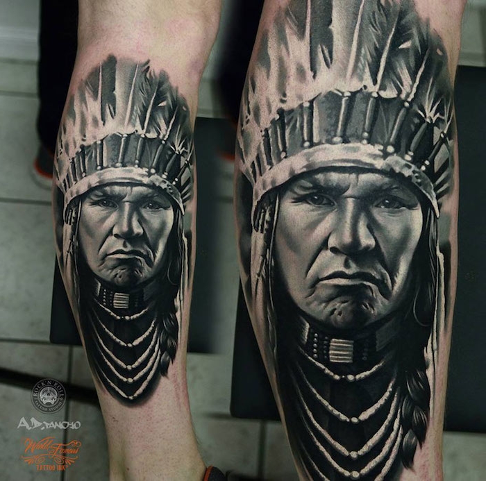 tattoo motive männer, tätowierung mit indianischem motiv am bein