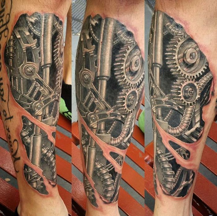 tattoo bein, mann mit tätowierung mit maschinenteilen, cyborg tattoo