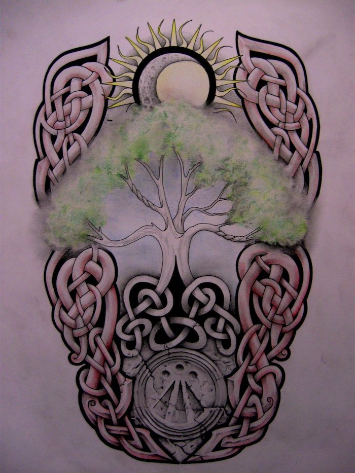 eine Zeichnung von dem Baum des Lebens und die Sonne und der Mond darauf