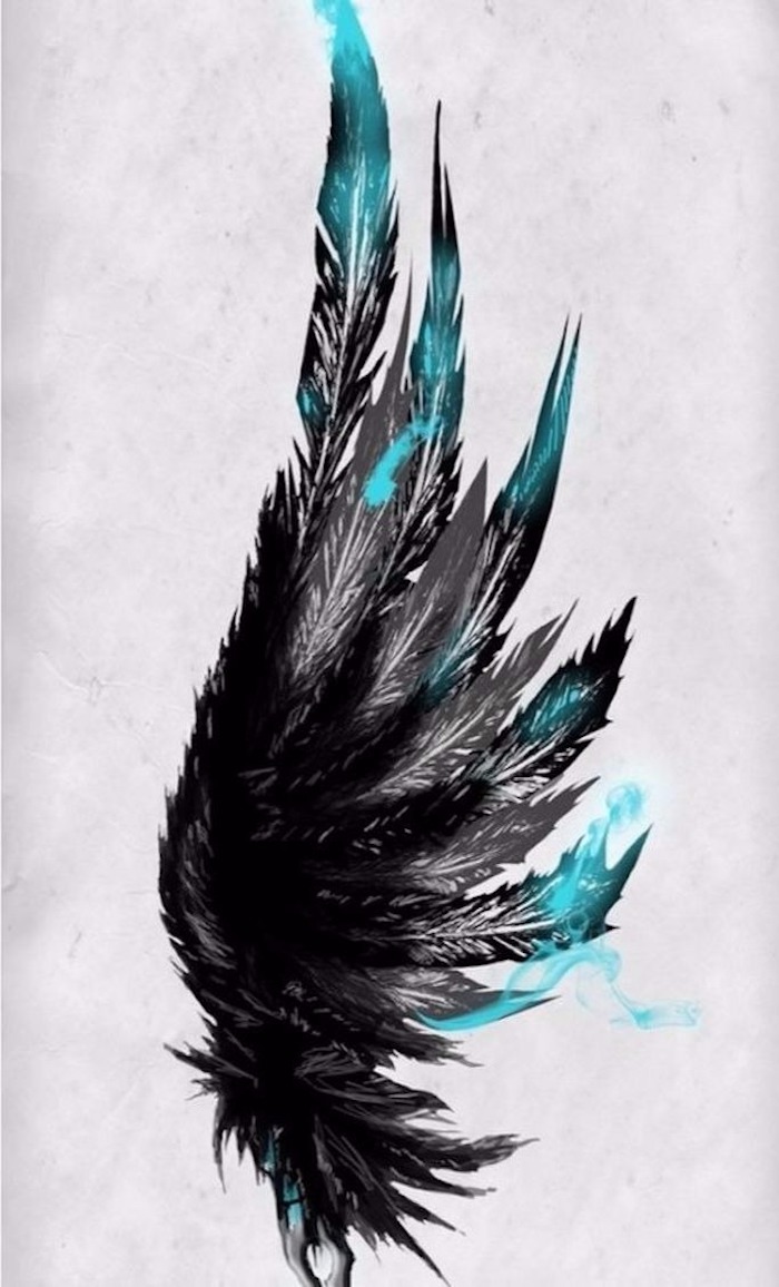 Vorlage für eine Tätowierung, Flügel mit schwarzen und blauen Federm