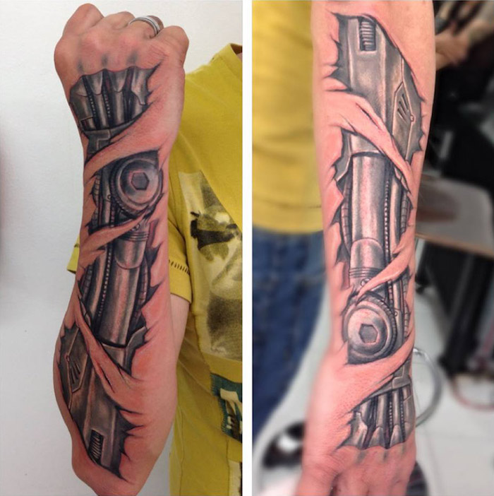 tattoo motive männer, schwarz-graue 3d tätowierung, cyborg tattoo, unterarm tattoo biomechanik 