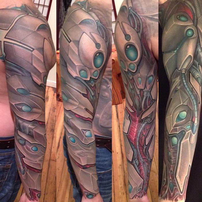 männer tattoos, sleeve tattoo mit maschinen-motiv, cyborg tattoo