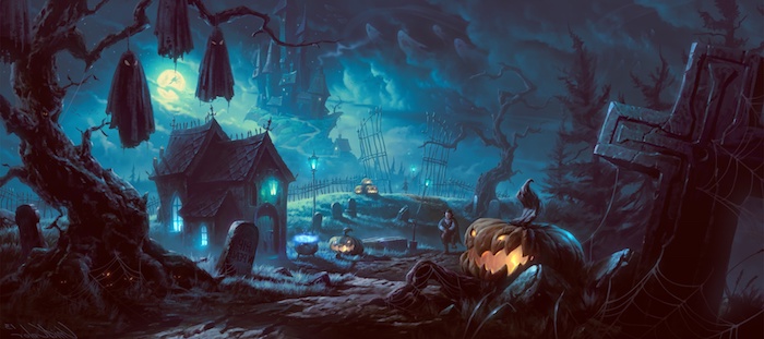 Halloween Bilder ein Friedhof mit kleiner Kirche und Jack O'lantern neben einem Kreuz 