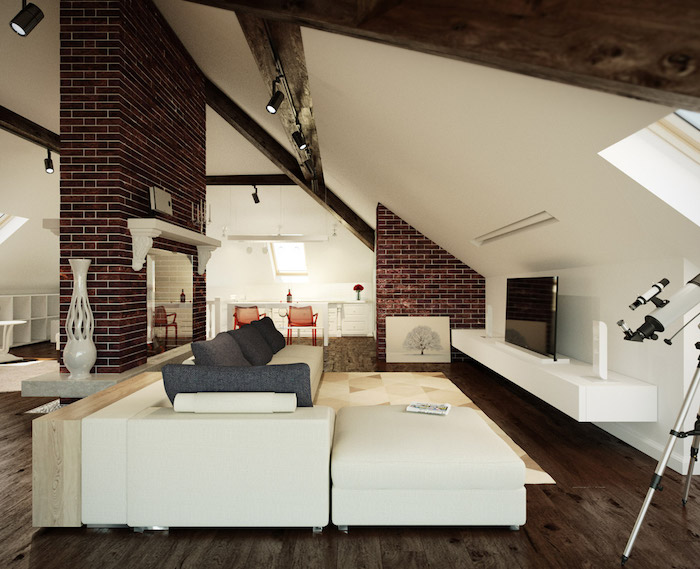 wohnung einrichten ideen wohnzimmer in weiß und braun sofa riesengroß fernseher vasen deko