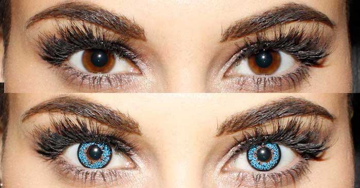 Frau mit Kontaktlinsen Halloween, geschminkte Augen, große Augen
