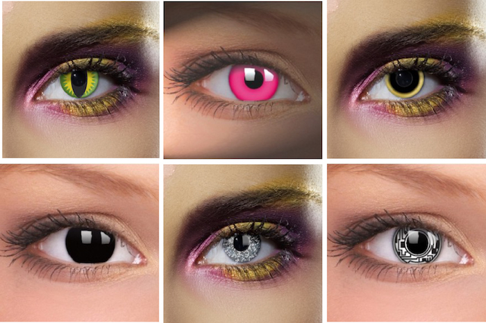 sechs verschiedene Modelle von Halloween-Augenlinsen mit verrückten Motiven