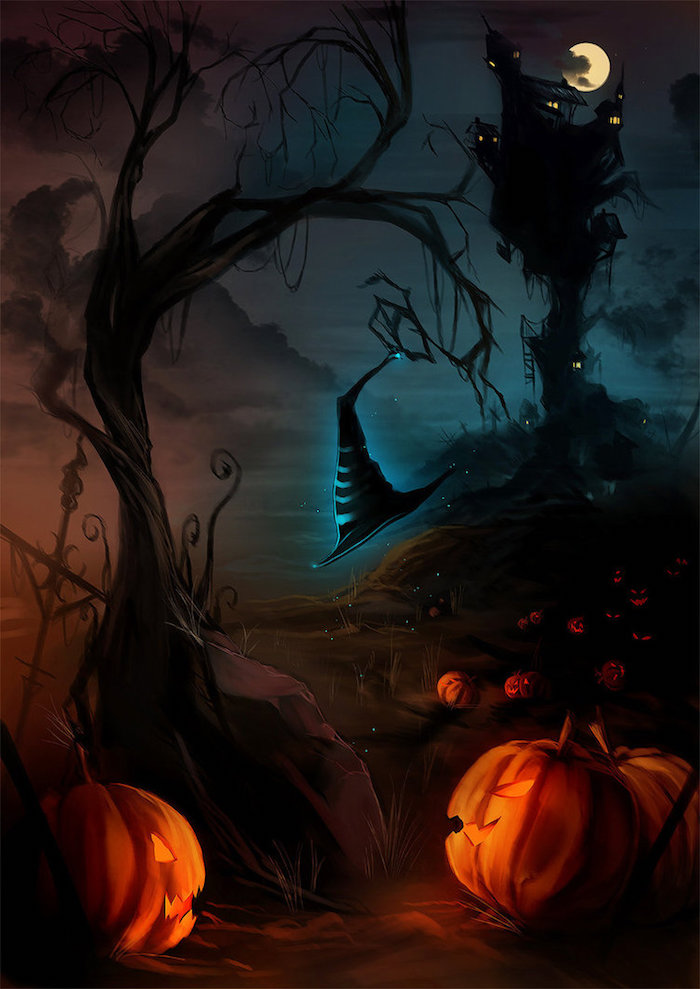 Halloween Hintergrund eine unsichtbare Hexe geht einen Pfad von Jack O'Lantern beleuchtet 