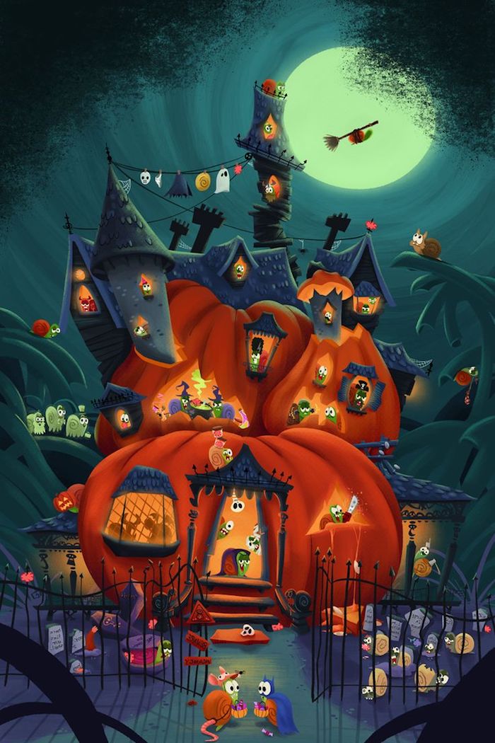 ein Kürbis wo kleine Schnecken wohnen und sich zu Halloween verkleiden - Bilder zu Halloween