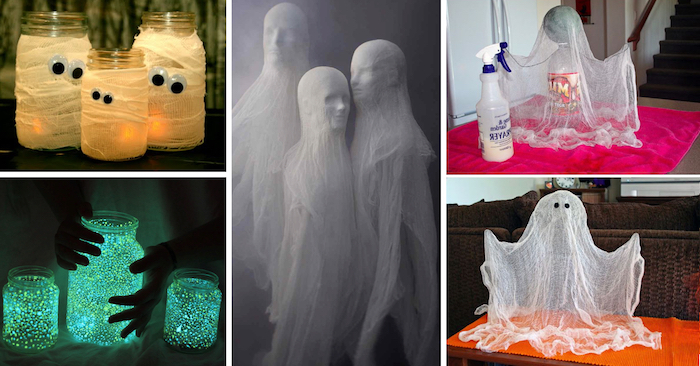 ein Collage von vielen kreative Ideen zum Basteln für Halloween für Gespenster und Mumien