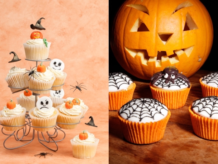 rezepte für halloween, cupcakes mit kürbis dekoriert mit sahne und figuren aus fondant