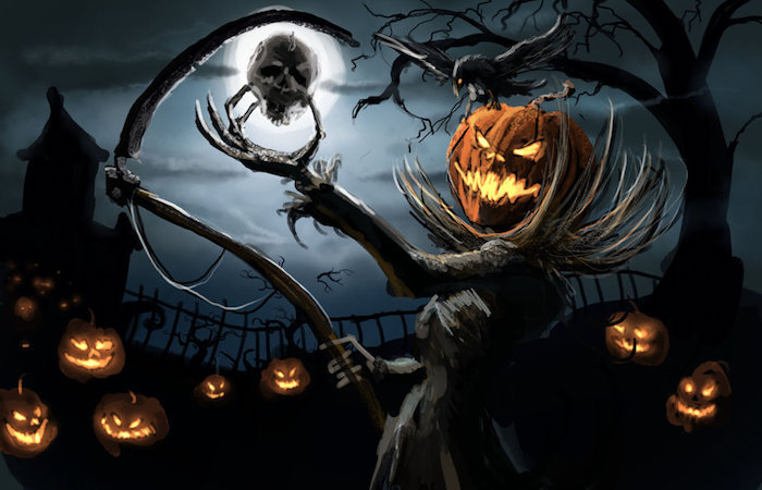 Ein Kürbis Gesicht von dem Tod mit der Hippe des Todes und ein Schädel in der Hand - gruselige Halloween Bilder