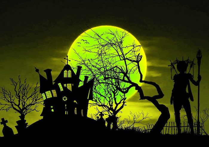 Ein grüner Mond und eine Kirche, eine Hexe und ein Friedhof - Bilder zu Halloween 
