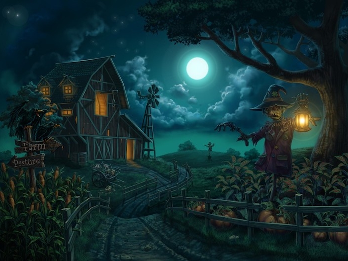 Bilder Halloween - ein Landhaus in der Dunkelheit von einer Strohpuppe bewacht