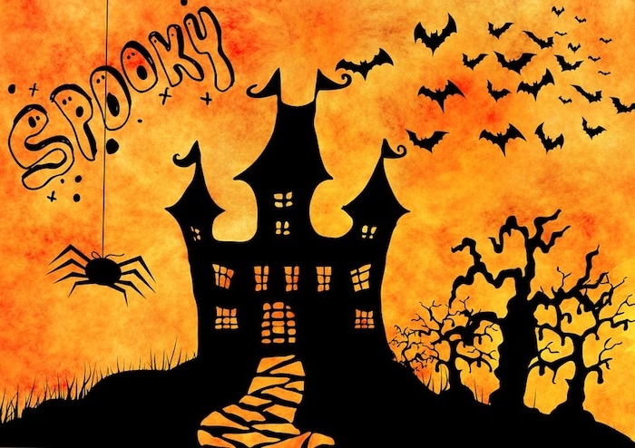 ein Halloween Schloss mit der Aufschrift Spooky und eine Spinne - Bilder Halloween