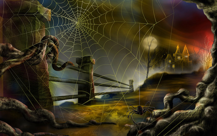 Bilder Halloween eine Spinne und ein Spinnennetz, ein Schloss im Hintergrund