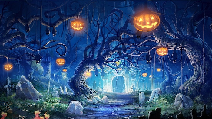 ein Friedhof mit unheimlichem Licht, viele Halloween Kürbisse, die hängen