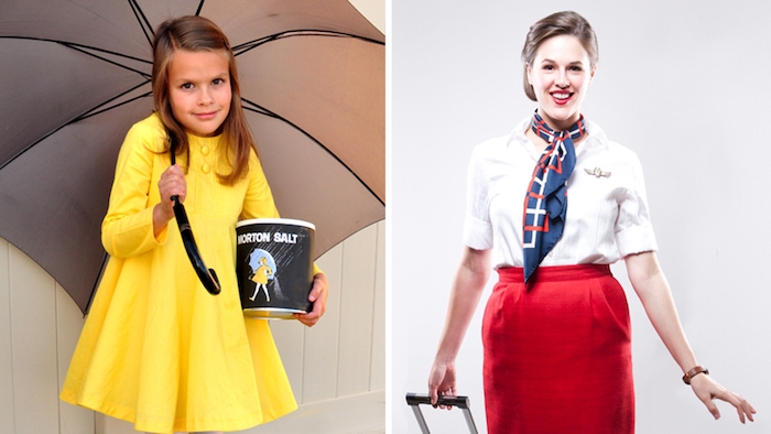 einfache Kostüme eine junge Dame als Stewardess und ein Mädchen mit gelben Kleid