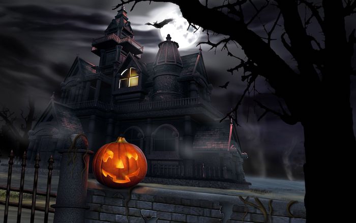 ein gruseliges Schloss und der Vollmond, Halloween Kürbis - Halloween Hintergrund