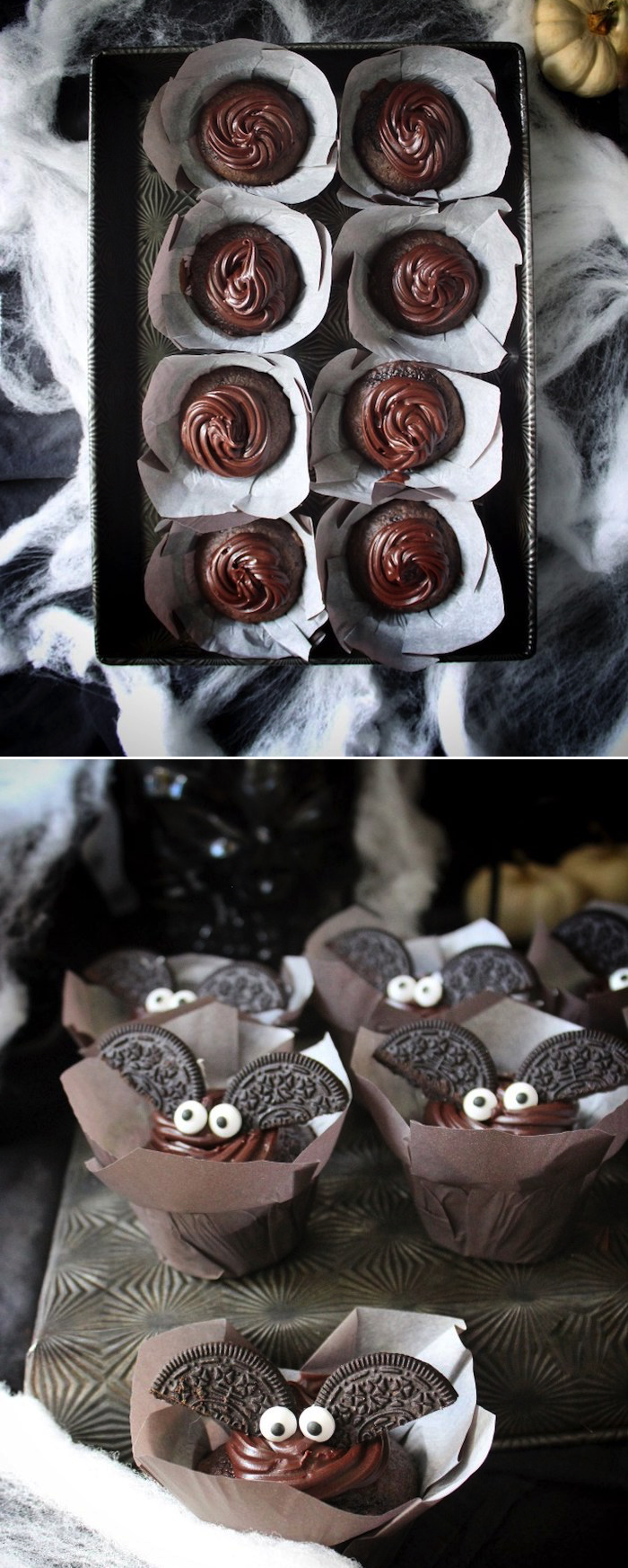 halloween rezepte, cupcakes fledermäuse mit schokolade und oreo-keksen