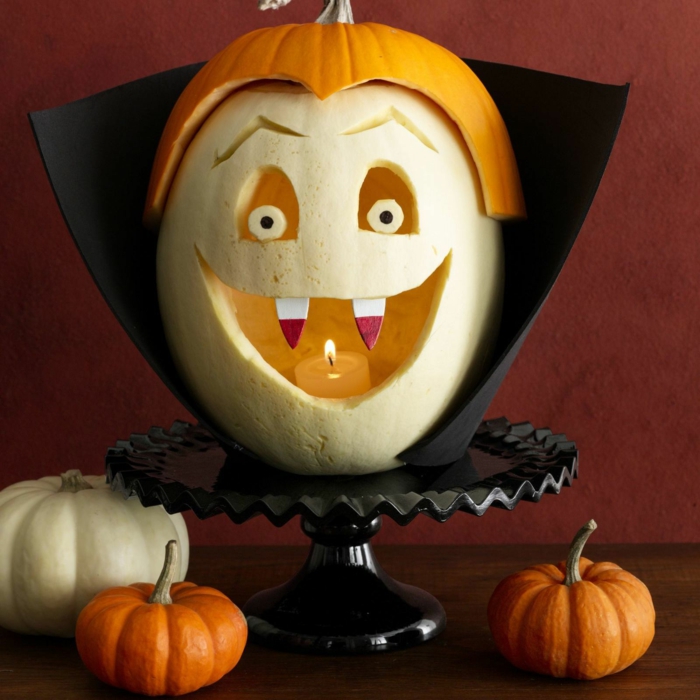 Kürbis schnitzen und verzieren, Dracula Gesicht, DIY Ideen für Kinder und Erwachsene, tolle Halloween Deko