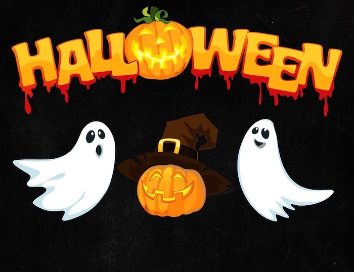Halloween Hintergrund selber erstellen mit zwei Gespenster und Halloween Kürbis