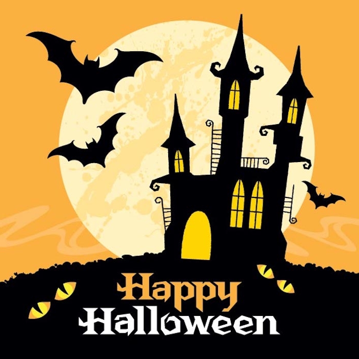 Happy Halloween Hintergrund mit einem Schloss, Vollmond, Fledermäuse und Katzenaugen