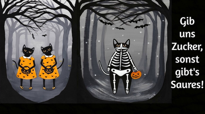 jetzt zeigen wir ihnen drei katzen im wilden schwarzen wald und mit kleinen halloween kürissen - schönes bild mit einer idee zum thema halloweeen sprüche