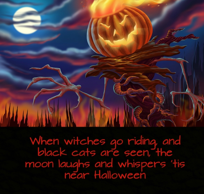 märchenhaftes bild mit einem halloween monster mit einem halloween kürbis und einem spruch zum thema halloween