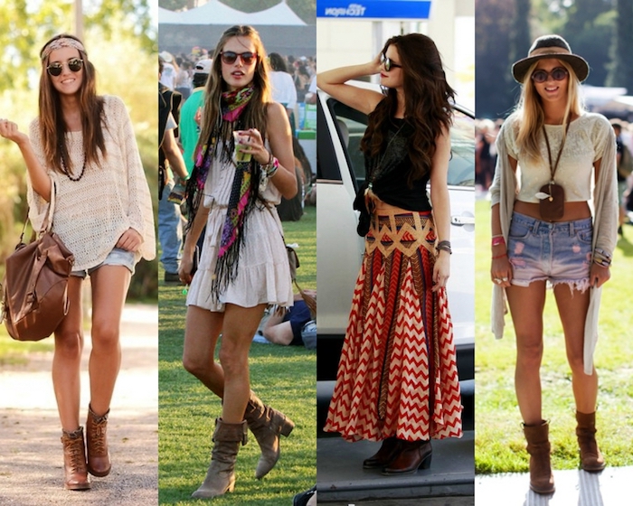 hippie kleider, sommer outfits, jeans kombiniert mit weißer bluse, bunter rock in kombination mit schwarzer bluse