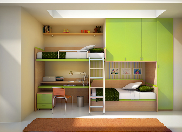kompaktes Kinderzimmer für zwei Kinder ein Abenteuerbett mit Schreibtisch