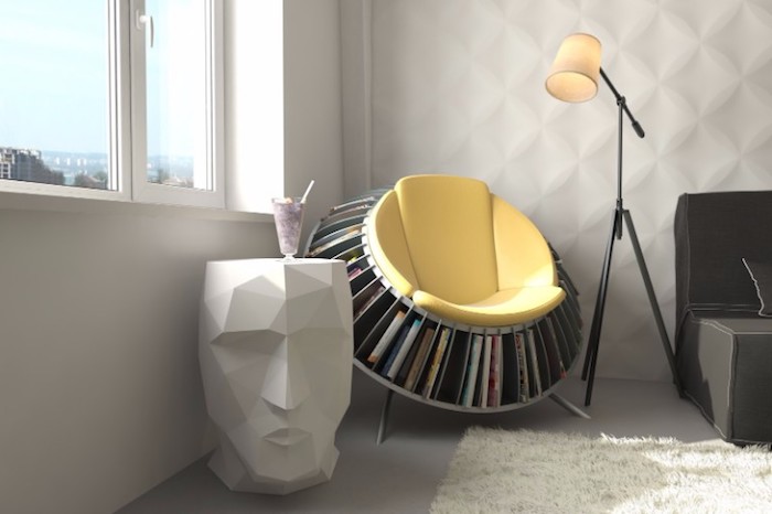 Designer-Sessel mit Bücherregal, Tisch in der Form eines Kopfes, Stadtaussicht