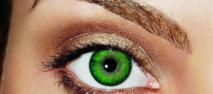 schöne junge Haut mit bräunlichem Teint, ovale Augen, gesättigtes Grün